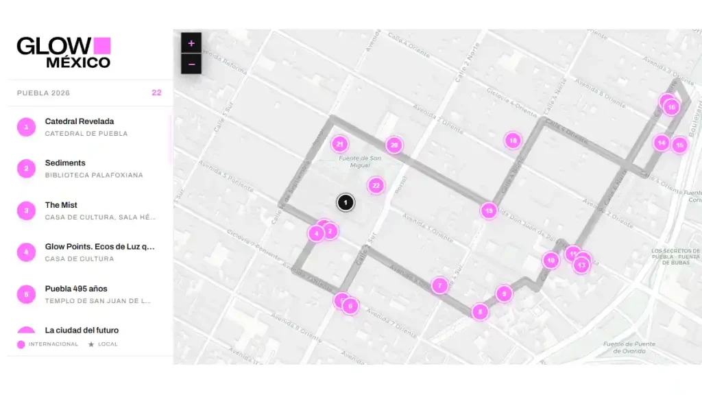 Ruta del Festival Glow México en Puebla.