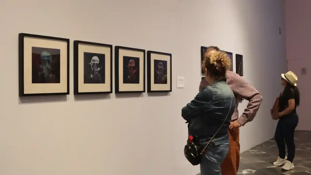 Personas en una exposición instalada en un museo de Puebla.